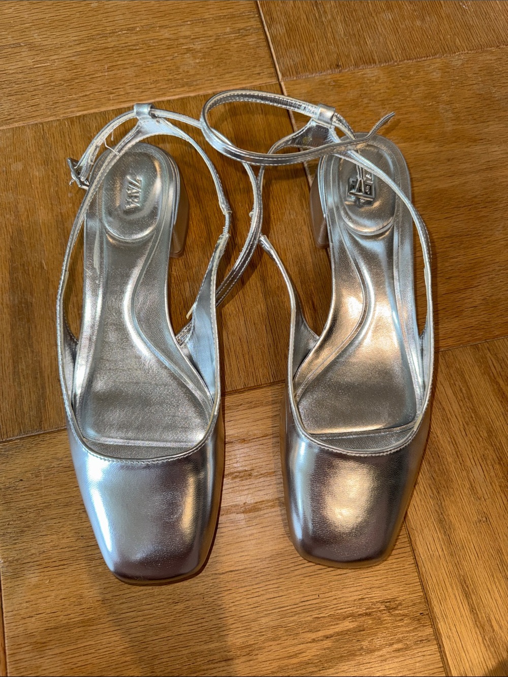 Zara Metallic Silver Slingback Block Heel Pumps